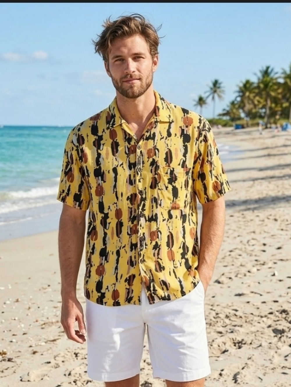 Flax Brand Yellow Short Sleeve Shirt Mens S Yellow W/ Colorful Blotch Pattern